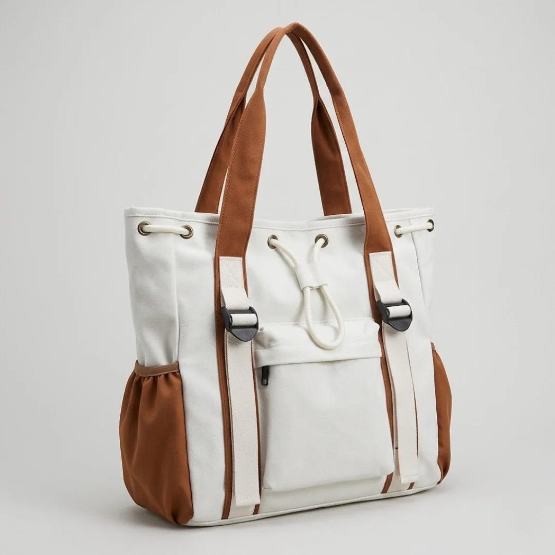 Two-Tone Canvas Tote Bag for Women - Large Capacity Drawstring Shoulder Bag with Side Pockets