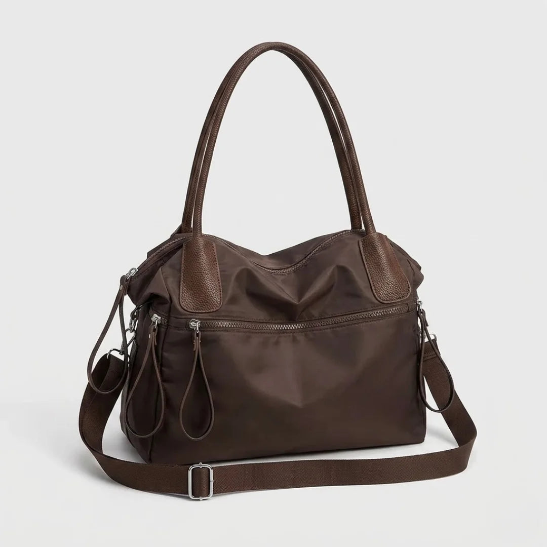 Large Capacity Brown Nylon Tote Bag with Genuine Leather Trim - Convertible Shoulder & Crossbody Handbag for Women