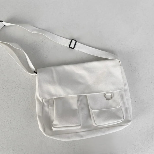 Canvas Shoulder Bag with Decorative Pins — Casual & Everyday