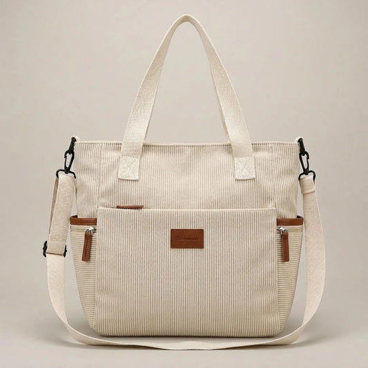 Cream Corduroy Tote Bag with Leather Trim - Casual Crossbody Shoulder Bag with Side Pockets