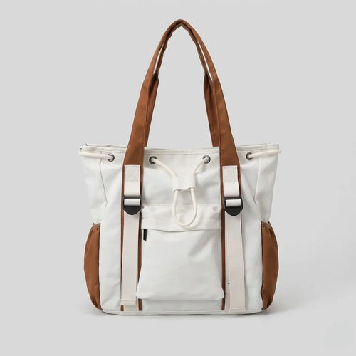 Two-Tone Canvas Tote Bag for Women - Large Capacity Drawstring Shoulder Bag with Side Pockets