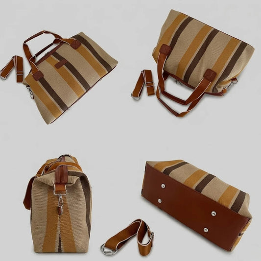Striped Retro-Style Travel Tote Bag - Canvas Bag with Faux Leather Trim and Removable Shoulder Strap