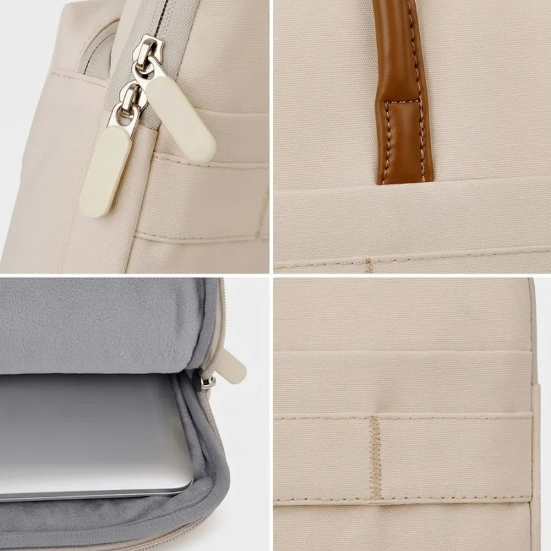 Cream Laptop Bag with Brown Leather Handles - Women's Briefcase Tote with Front Pocket, Available in 13", 14", and 15.6"