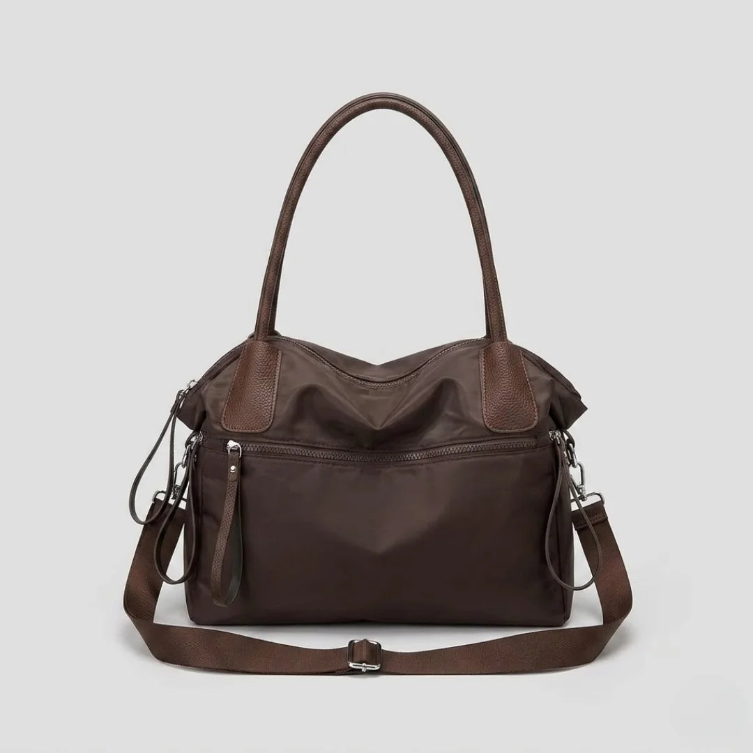 Large Capacity Brown Nylon Tote Bag with Genuine Leather Trim - Convertible Shoulder & Crossbody Handbag for Women