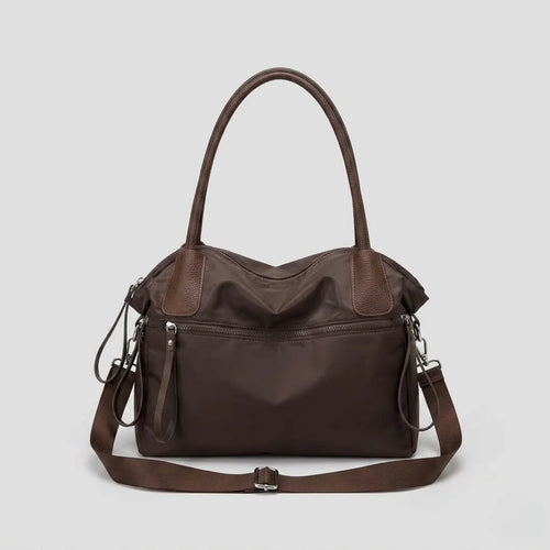 Large Capacity Brown Nylon Tote Bag with Genuine Leather Trim - Convertible Shoulder & Crossbody Handbag for Women