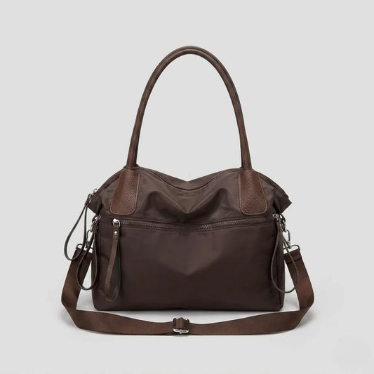 Large Capacity Brown Nylon Tote Bag with Genuine Leather Trim - Convertible Shoulder & Crossbody Handbag for Women