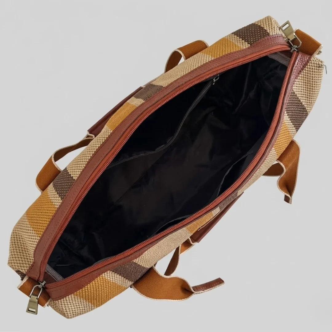 Striped Retro-Style Travel Tote Bag - Canvas Bag with Faux Leather Trim and Removable Shoulder Strap