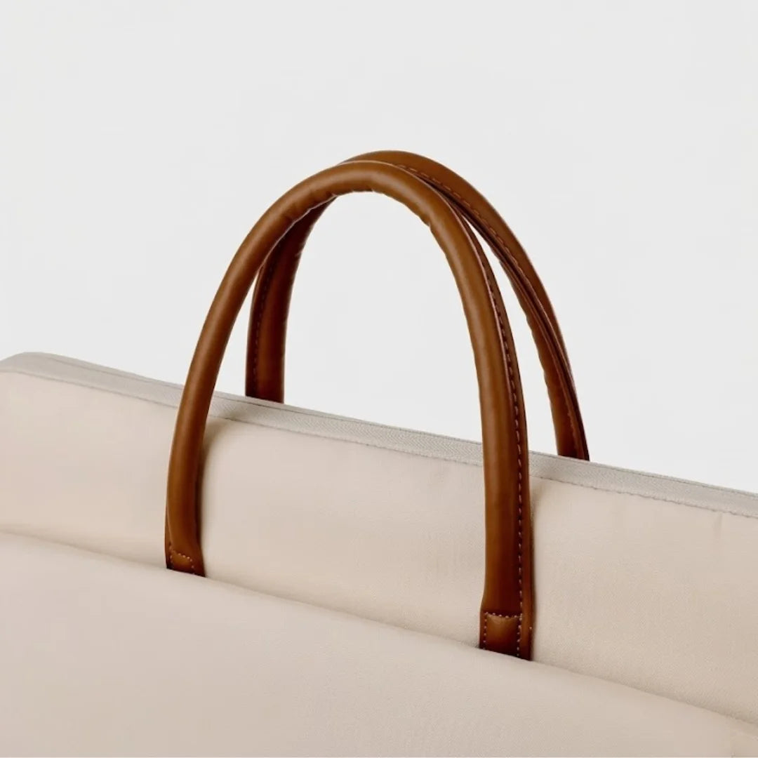 Cream Laptop Bag with Brown Leather Handles - Women's Briefcase Tote with Front Pocket, Available in 13", 14", and 15.6"