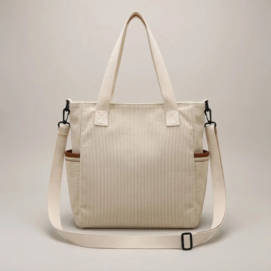 Cream Corduroy Tote Bag with Leather Trim - Casual Crossbody Shoulder Bag with Side Pockets