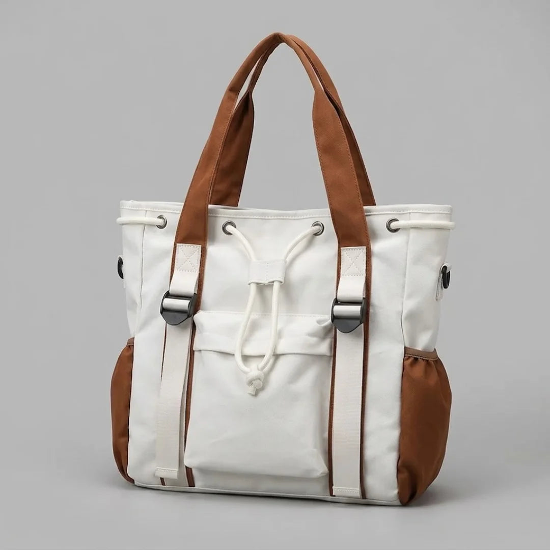 Two-Tone Canvas Tote Bag for Women - Large Capacity Drawstring Shoulder Bag with Side Pockets