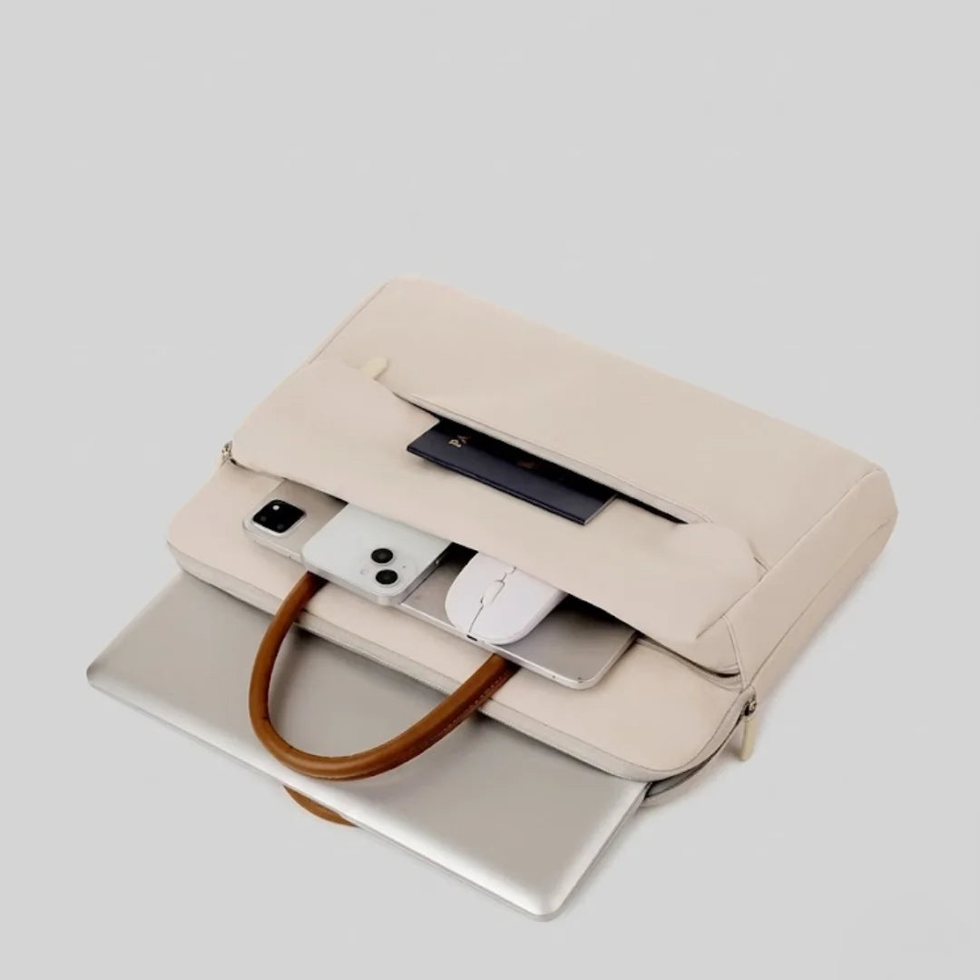 Cream Laptop Bag with Brown Leather Handles - Women's Briefcase Tote with Front Pocket, Available in 13", 14", and 15.6"