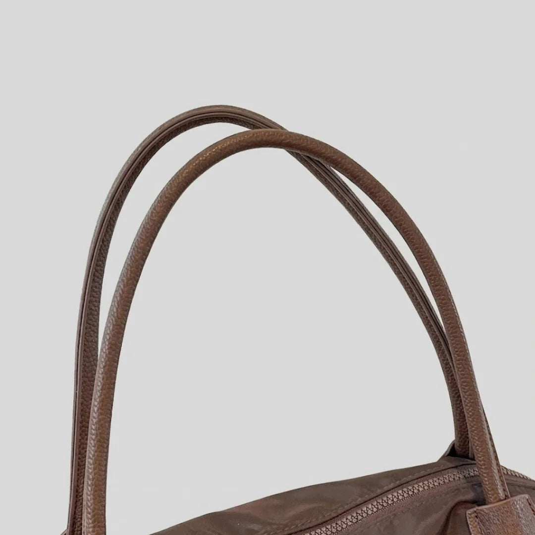 Large Capacity Brown Nylon Tote Bag with Genuine Leather Trim - Convertible Shoulder & Crossbody Handbag for Women