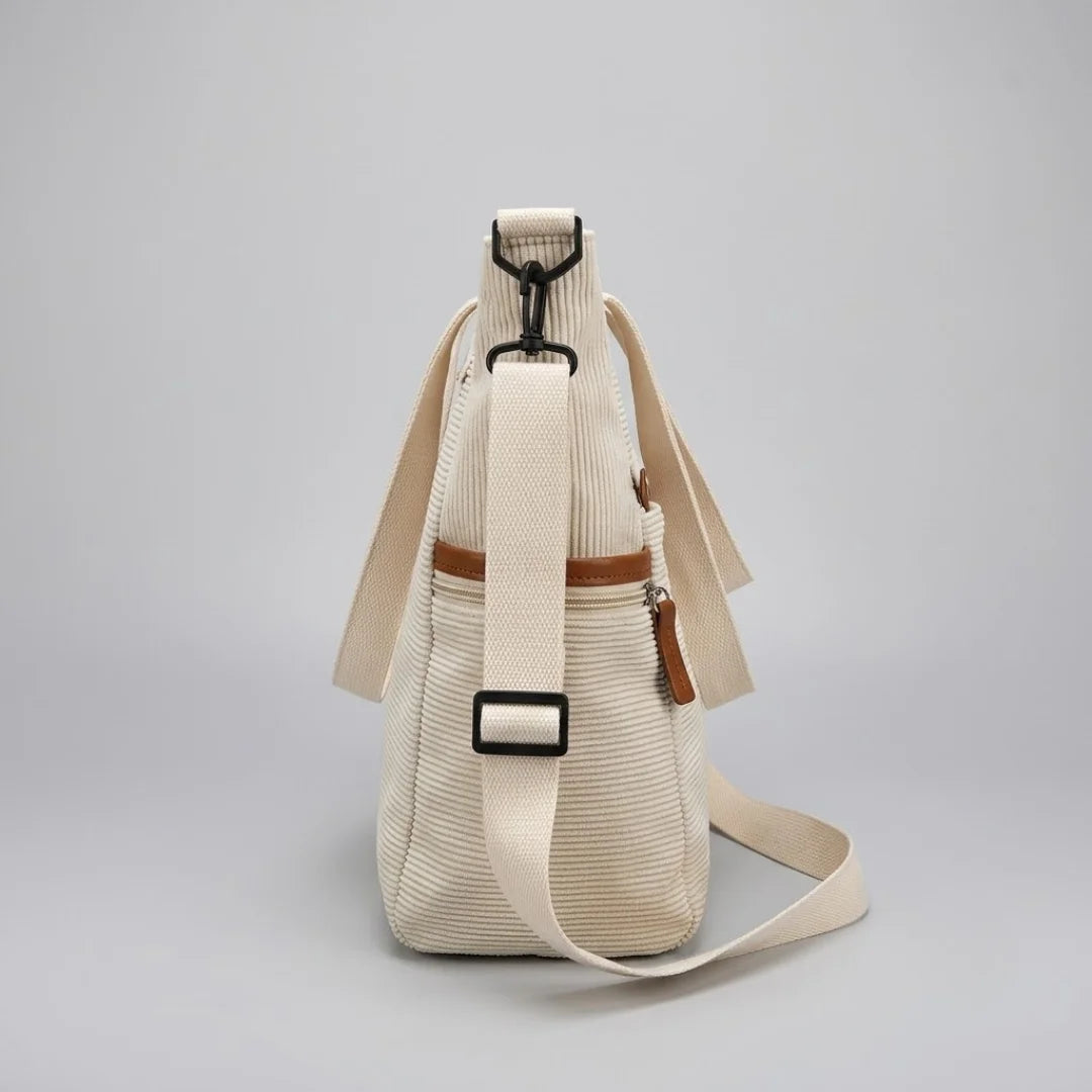 Cream Corduroy Tote Bag with Leather Trim - Casual Crossbody Shoulder Bag with Side Pockets
