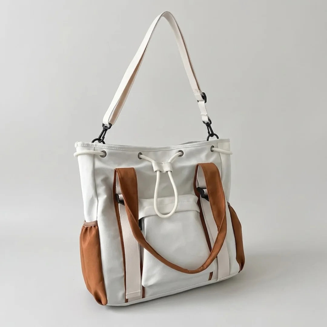 Two-Tone Canvas Tote Bag for Women - Large Capacity Drawstring Shoulder Bag with Side Pockets