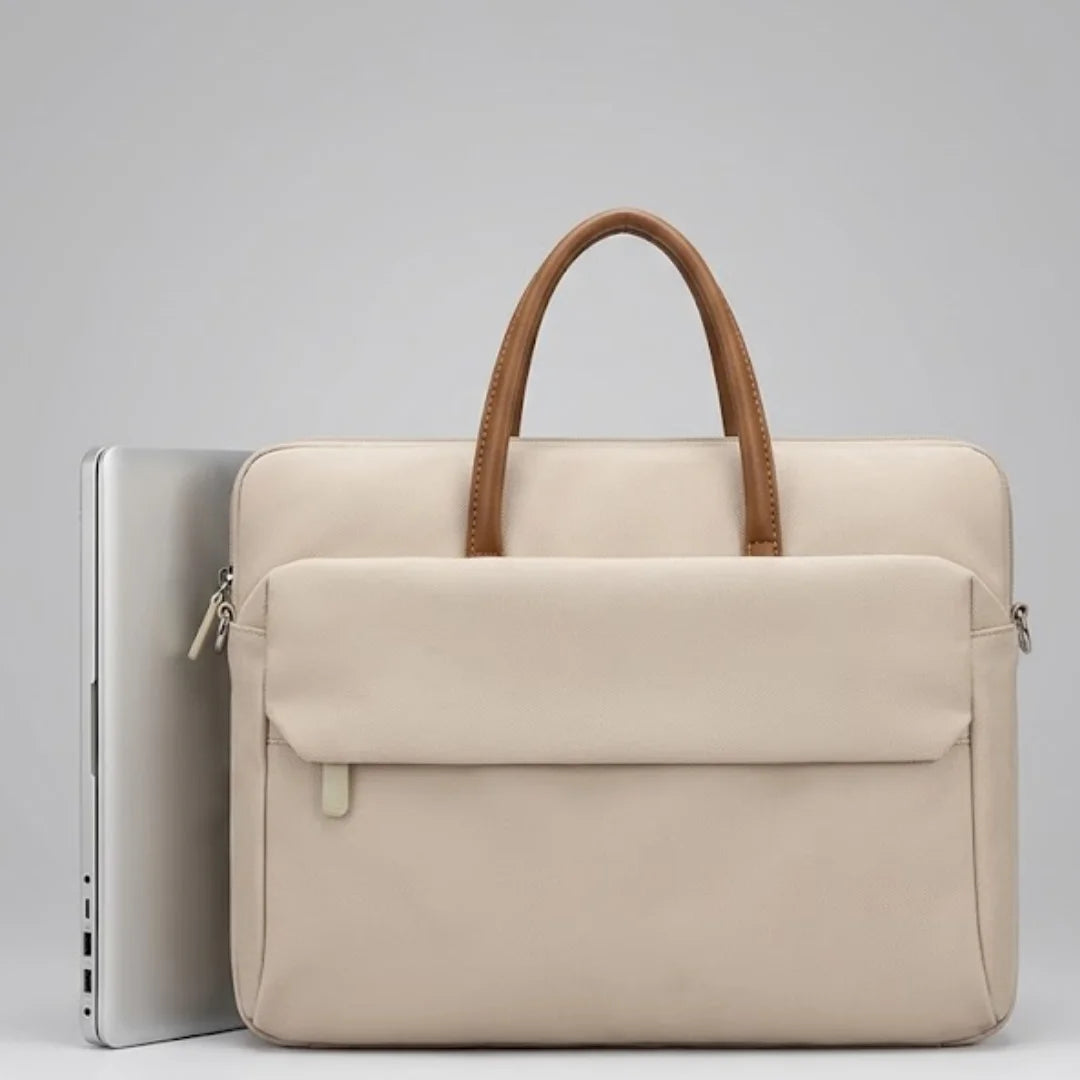 Cream Laptop Bag with Brown Leather Handles - Women's Briefcase Tote with Front Pocket, Available in 13", 14", and 15.6"