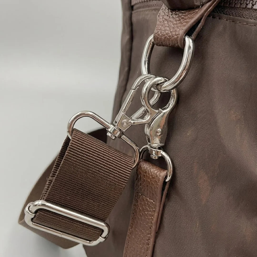 Large Capacity Brown Nylon Tote Bag with Genuine Leather Trim - Convertible Shoulder & Crossbody Handbag for Women