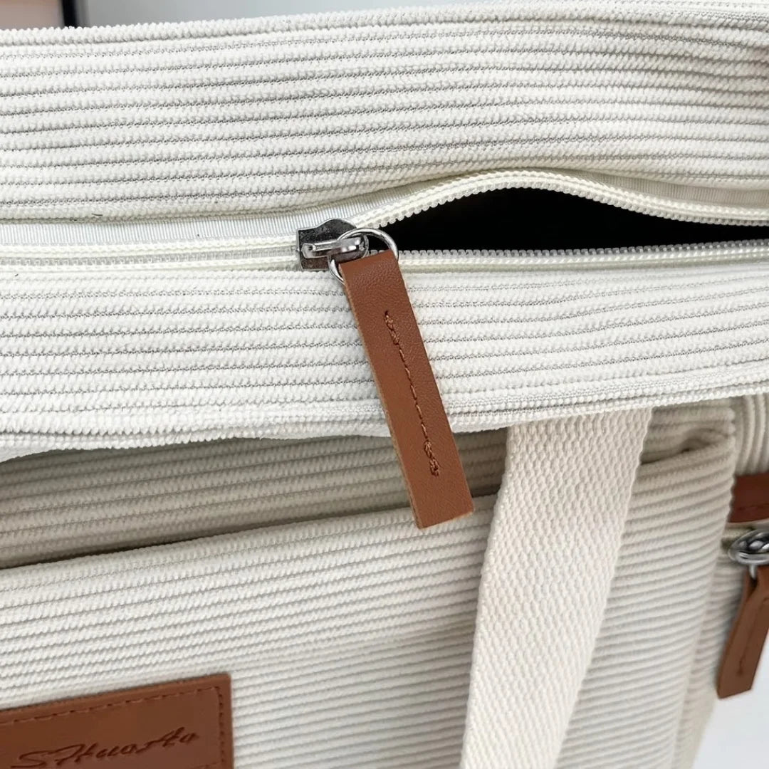 Cream Corduroy Tote Bag with Leather Trim - Casual Crossbody Shoulder Bag with Side Pockets