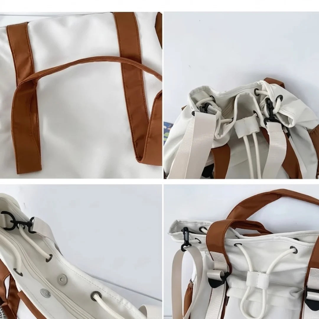 Two-Tone Canvas Tote Bag for Women - Large Capacity Drawstring Shoulder Bag with Side Pockets