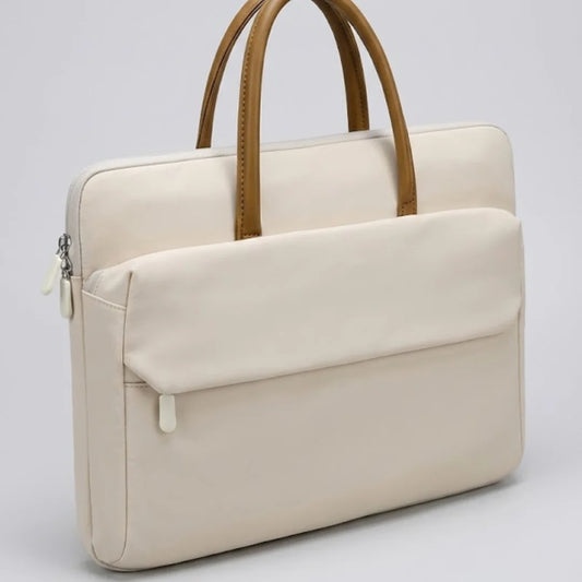 Cream Laptop Bag with Brown Leather Handles - Women's Briefcase Tote with Front Pocket, Available in 13", 14", and 15.6"