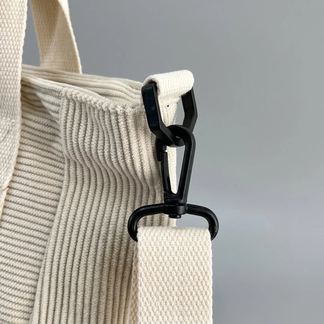 Cream Corduroy Tote Bag with Leather Trim - Casual Crossbody Shoulder Bag with Side Pockets