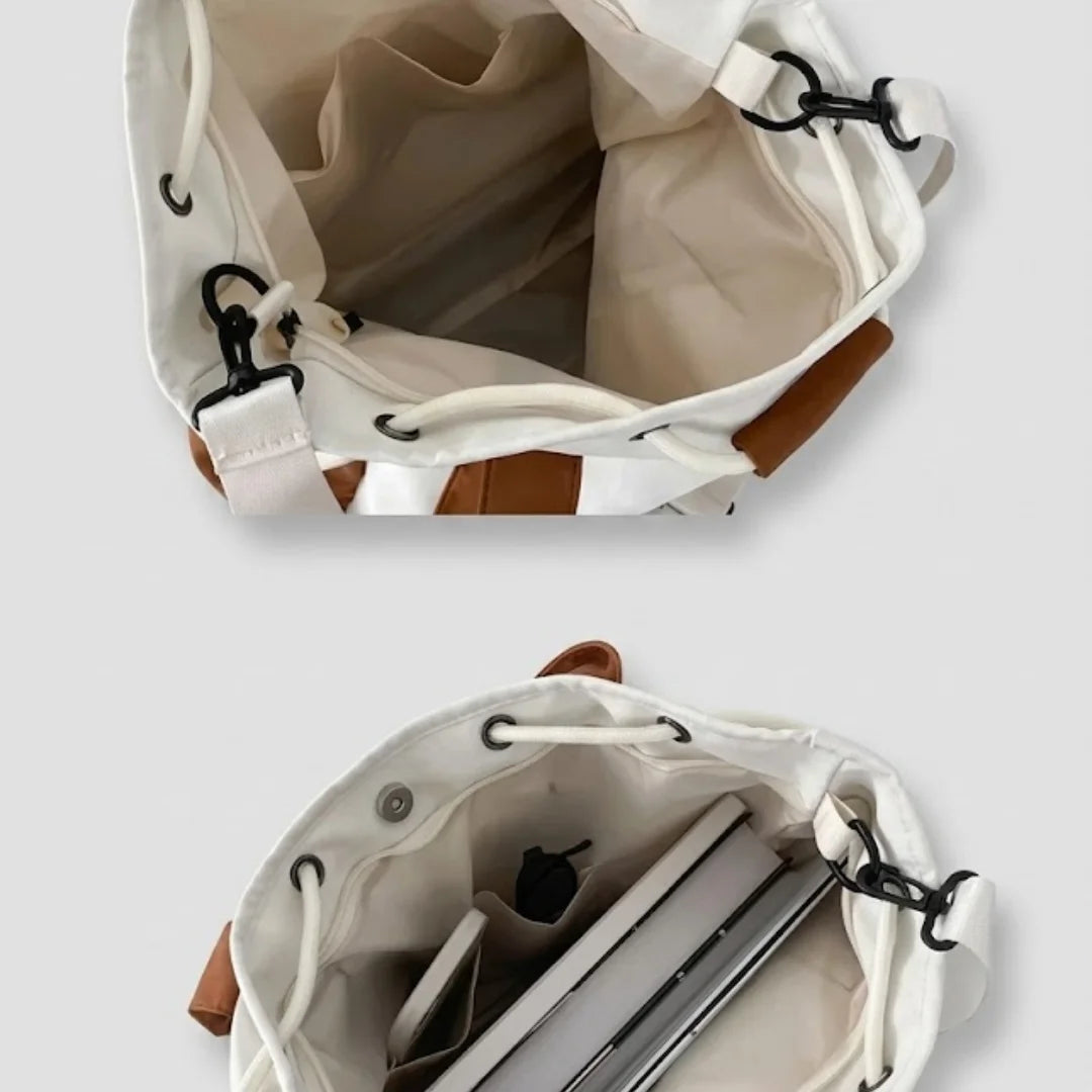 Two-Tone Canvas Tote Bag for Women - Large Capacity Drawstring Shoulder Bag with Side Pockets